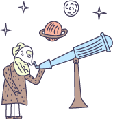 Man with telescope and planets